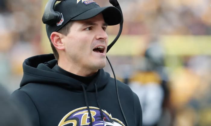 Baltimore Ravens defensive coordinator Mike Macdonald reacts on the sidelines against the Pittsburgh Steelers during the second quarter at Acrisure Stadium. Mandatory Credit: Charles LeClaire-USA TODAY Sports